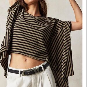 We The Free Black/Tan Striped Asymmetrical Angel Tee Crop Top Slouchy One Size